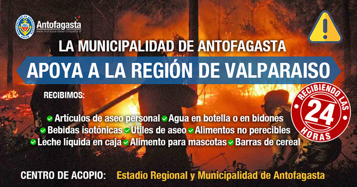 Municipalidad de Antofagasta habilita puntos de acopio por incendios en viña del mar